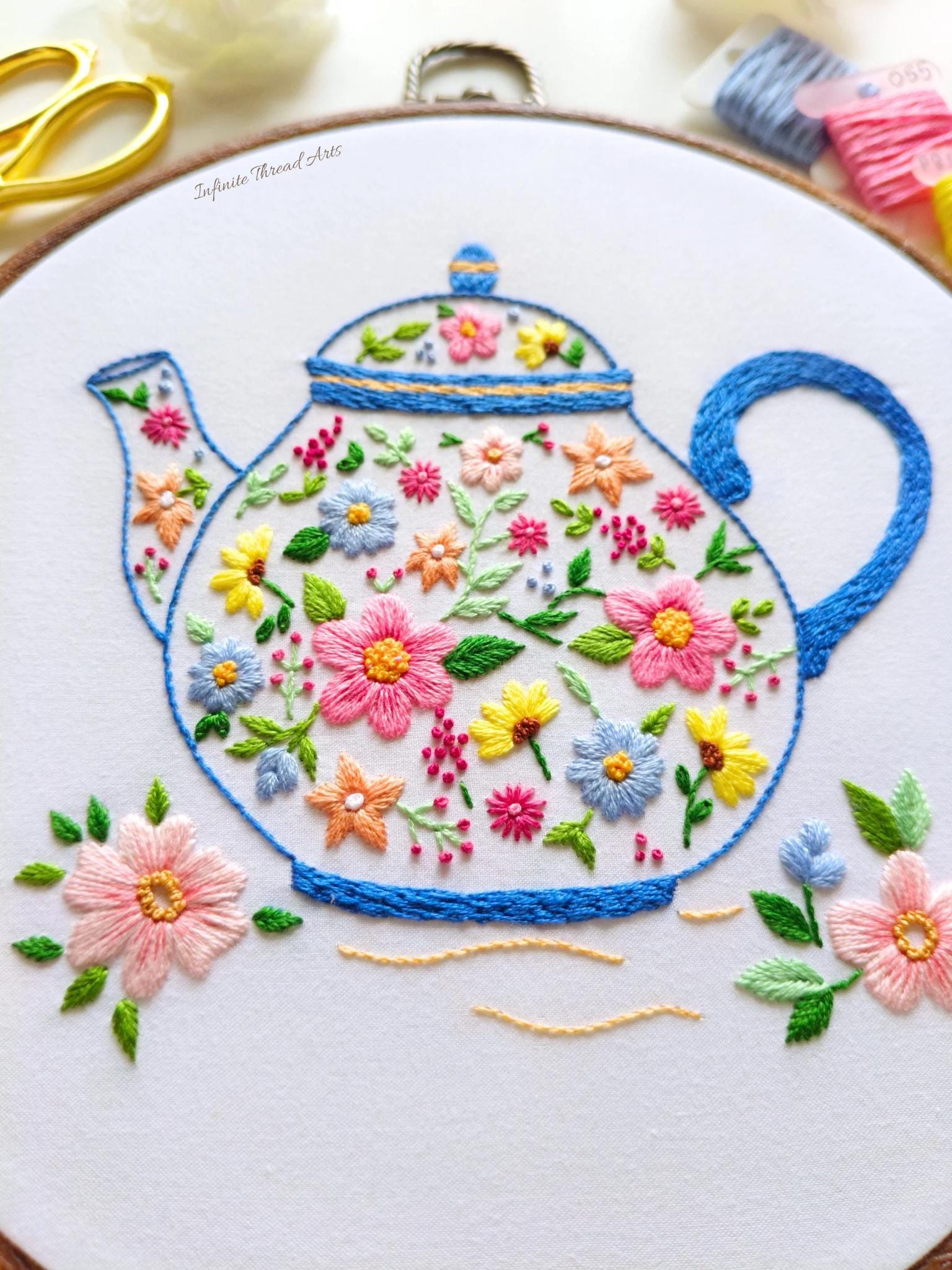 ビンテージ風 ティーポット刺繍アート ビンテージ風 ティーポット刺繍アート ビンテージ風 ティーポット刺繍