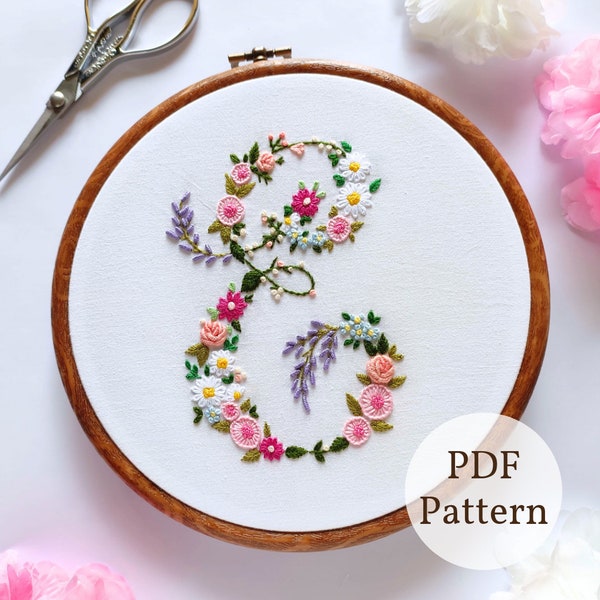 Floral Alphabet 'E' PDF Pattern, Digital PDF Pattern, Instant Download DIY Craft, Hand Embroidery