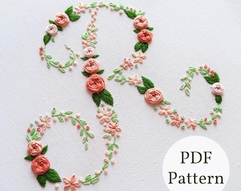 Disegno da ricamo con lettera R floreale, ricamo iniziale (schema PDF)