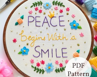 La pace inizia con un sorriso: schema di ricamo fai da te per principianti (schema PDF)