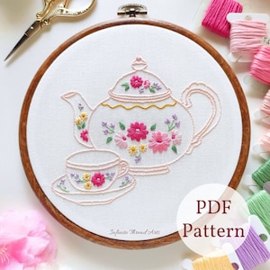 Teapot Floral Hand Embroidery PDF Pattern, Floral Tea Embroidery, Modern Embroidery, Embroidery Hoop Art, Beginner Embroidery Pattern.