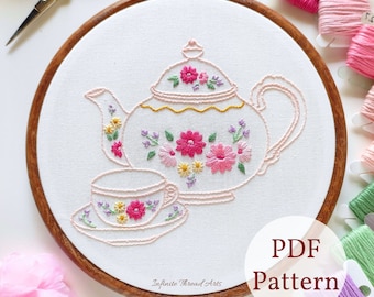 Schema di ricamo floreale a mano per teiera: Modern Hoop Art (schema PDF)