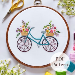 Fahrrad Stickerei PDF Muster, digitales PDF Muster, sofortiger Download, einfache florale Handstickerei