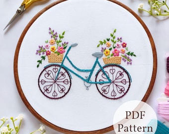 Schema PDF per ricamo floreale di bicicletta: punto a mano facile (download digitale)