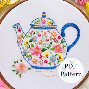 Broderimönster för blommig tekanna: Modern nybörjar-DIY (PDF-mönster)