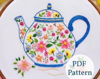 Patrón de bordado de tetera floral: DIY moderno para principiantes (Patrón PDF)