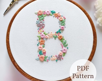 Ricamo floreale con lettera B, ricamo iniziale fai da te (schema PDF)