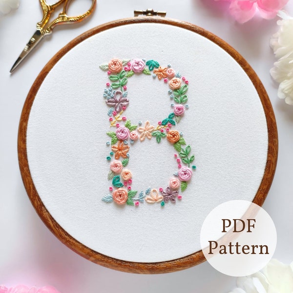 Patrón PDF de bordado del alfabeto floral 'B', patrón PDF digital, bordado DIY de descarga instantánea, patrón inicial de bordado a mano