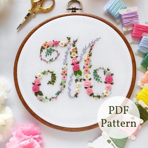 Padrão de bordado em PDF da letra floral "M", padrão em PDF digital, download instantâneo de bordado DIY, bordado à mão, alfabetos, padrões de letras