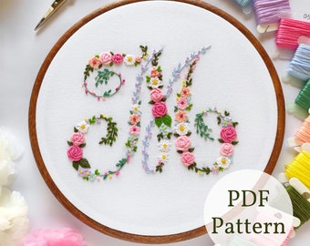 Floral Letter "M" Embroidery PDF Pattern, Digital PDF Pattern, Instant Download DIY Embroidery, Hand Embroidery, Alphabets, Letter Patterns