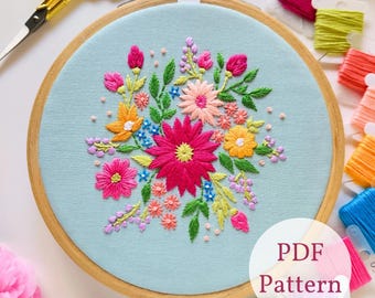 Schema di ricamo floreale a mano: Whimsical Blooms DIY Hoop Art (schema PDF)