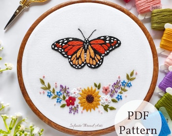 Schema per ricamo a farfalla monarca: giardino floreale fai da te (download digitale)