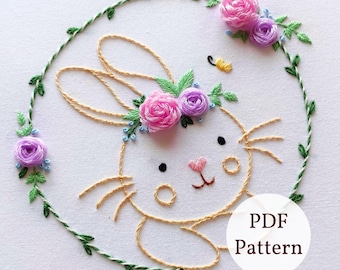 Patrón de bordado floral de conejito: decoración de Pascua para hacer tú mismo (patrón en PDF)