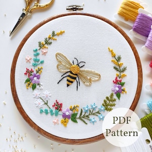 Honey Bee Embroidery Pattern, Honey Bee Floral, Modern Hand Embroidery PDF Pattern, DIY embroidery, Digital Download, DIY Craft