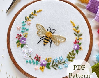 Schema per ricamo floreale a forma di ape: fai da te moderno (schema PDF)
