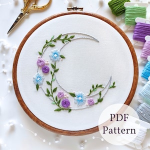 Floral Moon Embroidery PDF Pattern, Crescent Moon Hand Embroidery Pattern, Celestial Embroidery, DIY Hand Embroidery, Modern Embroidery