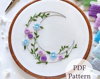 Schema di ricamo floreale a forma di mezzaluna: celeste fai da te (schema PDF)