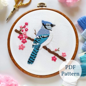 Blue Jay Bird PDF Embroidery Pattern, Digital PDF Pattern, Instant Download DIY Embroidery, Hoop Art Hand Embroidery