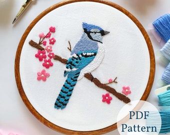 Patrón de bordado de arrendajo azul: Arte floral con aro para bordar (patrón en PDF)