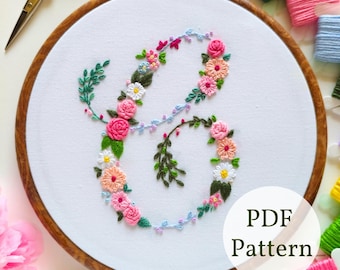 Modello di ricamo floreale con lettera "C": punto a mano fai da te (modello PDF)