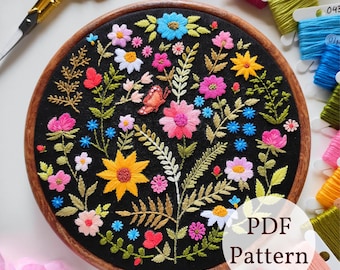 Modello di ricamo a mano con fiori di campo: arte moderna con telaio floreale (modello PDF)