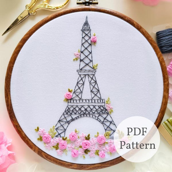 Patrón de bordado a mano de la Torre Eiffel, monumento parisino (patrón PDF)