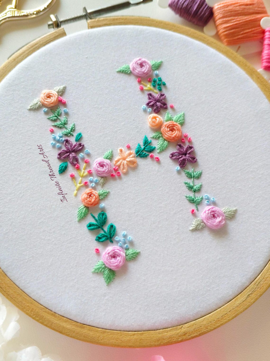 Floral Letter 'H' Embroidery PDF Pattern, Initial Hand Embroidery ...