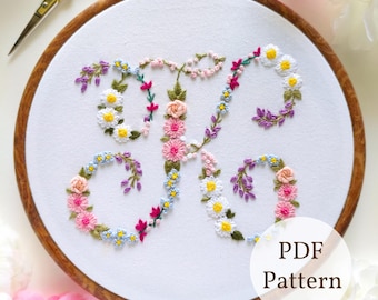 Lettera floreale "K" da ricamare a mano, modello PDF, alfabeto fai da te