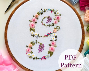 Schema di ricamo con alfabeto floreale "G", PDF digitale fai da te