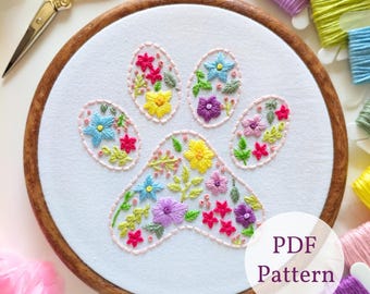 Patrón de bordado a mano con estampado floral de patas, diseño DIY para mascotas (patrón PDF)