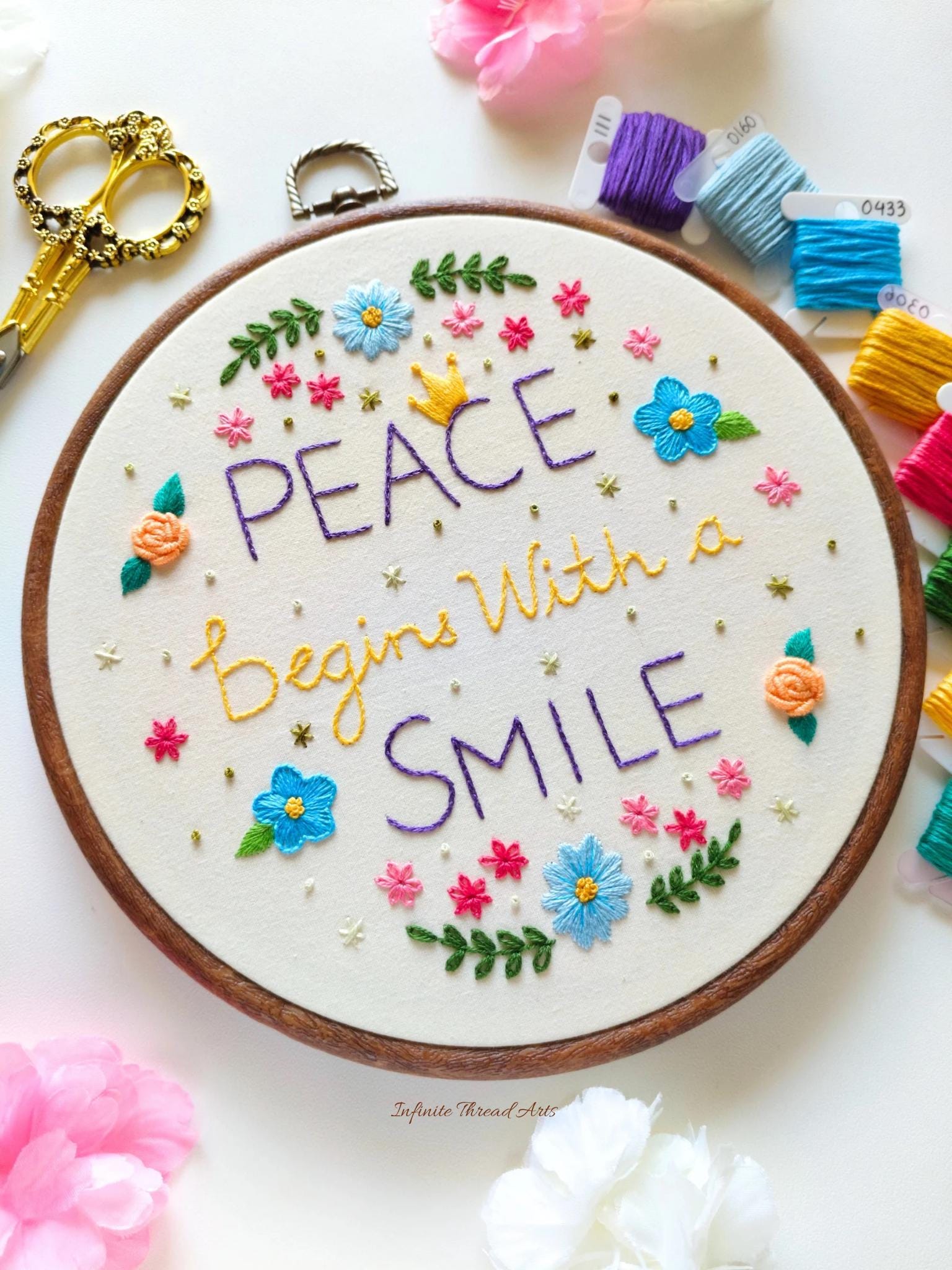 Peace Begins With A Smile Embroidery Pattern: Beginner DIY (PDF