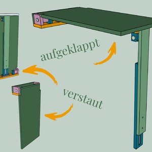 Op de afbeelding: Een groene opklaptafel met een metalen scharnier. De tafel wordt in twee posities getoond: ingeklapt en uitgeklapt. De tekst "aufgeklappt" en "verstaut" wordt in oranje op de afbeelding getoond.