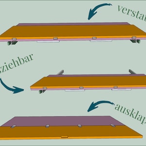May include: A diagram showing three different ways to fold a table. The top image shows the table folded up and labeled "versteubar". The middle image shows the table extended and labeled "ausziehbar". The bottom image shows the table folded down and labeled "ausklappbar".
