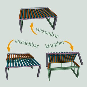 Könnte beinhalten: Ein multifunktionaler Tisch mit einer orangefarbenen und türkisfarbenen Lamellenplatte und einem hellgrünen Rahmen. Die Abbildung zeigt drei Konfigurationen mit gelben Pfeilen und dem Text verstaubar, ausziehbar und klappbar.