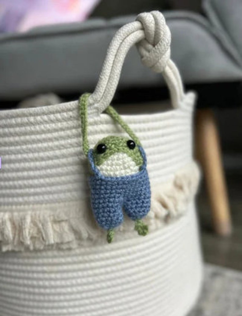 Puede incluir: Un juguete de rana de crochet con un mono azul cuelga de una cesta de cuerda blanca con un borde de flecos.