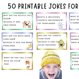 50 coloridas tarjetas de broma imprimibles para niños para calendarios y loncheras, descarga digital, pegatinas de bromas alentadoras para imprimir + ¡2 regalos más!