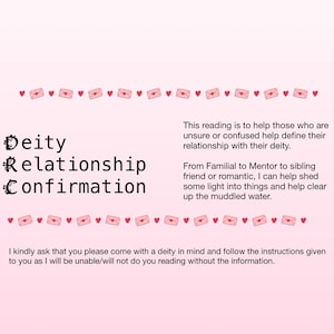 Op de afbeelding: Een roze achtergrond met de tekst "Deity Relationship Confirmation" in het zwart. De afbeelding bevat tekst die een lezing beschrijft om relaties met godheden te definiëren, met kleine roze envelop- en hartafbeeldingen.