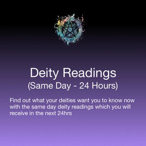 Peut inclure: Un fond violet et noir avec un symbole de pentagramme dans un cercle de feu. Le texte "Deity Readings (Same Day - 24 Hours)" est affiché en blanc. Le texte "Find out what your deities want you to know now with the same day deity readings which you will receive in the next 24hrs" est affiché en blanc.