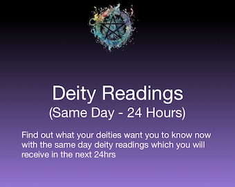 May include: A purple and black background with a pentagram symbol in a circle of fire. The text "Deity Readings (Same Day - 24 Hours)" is displayed in white. The text "Find out what your deities want you to know now with the same day deity readings which you will receive in the next 24hrs" is displayed in white.