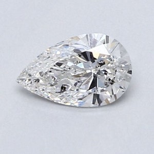 May include: A pear-shaped diamond with a brilliant cut and many facets. The diamond is clear and colourless.