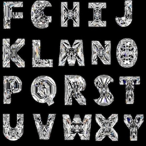Pode incluir: Um alfabeto de diamantes com cada letra feita de um diamante brilhante e facetado. As letras estão dispostas em filas, começando com A e terminando com Z.