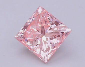 May include: A princess-cut, light pink gemstone with a brilliant, faceted surface. The square-shaped stone reflects light, showcasing its intricate cuts and angles. The gemstone is set against a soft, neutral background.