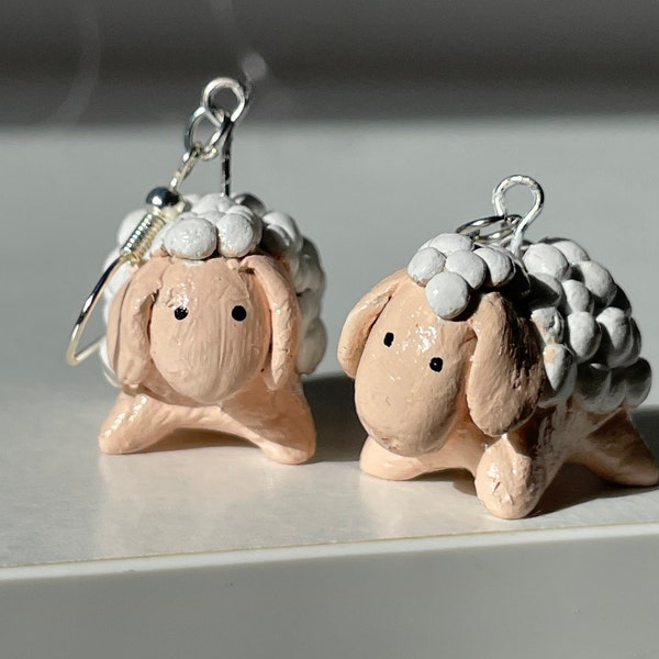 Dangle Sheep Earrings Handmade Clay White Beige Jewelry Personalized Quirky Animal Accesory Mini Woolly Pet Decor Unique Natural Earring