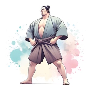 Könnte beinhalten: Illustration eines Sumo-Ringers in traditioneller Kleidung. Der Ringer hat einen muskulösen Körperbau und trägt einen hellgrünen Kimono und braune Shorts, die mit einem braunen Gürtel befestigt sind. Der Hintergrund zeigt Aquarellspritzer in Blau, Rosa und Gelb.