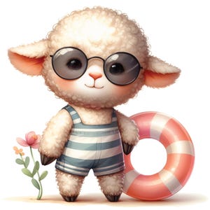 Lamb with Swimming Ring Clipart PNG. Summer Sheep Illustration. Pool Float Animal. Digital Download