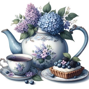 May include: A watercolor illustration of a tea set with a teapot, teacup, and saucer, decorated with floral patterns. A tart with blueberries and blackberries sits on a plate. The teapot is topped with purple and blue flowers.