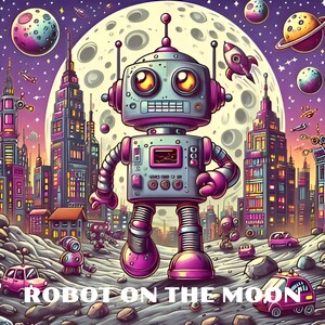 Pode incluir: Ilustração de um robô retrô em uma superfície lunar com um horizonte de cidade ao fundo. O robô é cinza e rosa, com olhos grandes e antenas. O texto "ROBOT ON THE MOON" está na parte inferior.