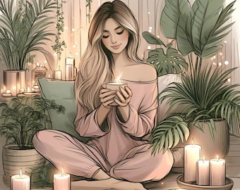Calm Girl Coloring Page - Coffee, Plants, Candles (PDF PNG JPG)