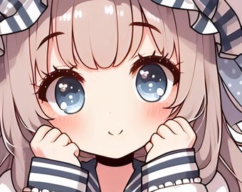 Pode incluir: Ilustração em estilo anime de uma menina com grandes olhos azuis e cabelo rosa claro. Ela usa uma roupa branca com detalhes em listras azuis e brancas e um capuz xadrez. O texto "Kawaii Anime Girl" é exibido na parte inferior.