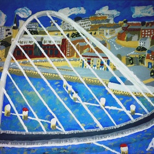 May include: A painting depicting a white arch bridge spanning a blue river. The bridge is constructed from white metal and features a black road on top. The river is bordered by buildings and trees. The sky is blue with white clouds. The painting is signed "Andy M".